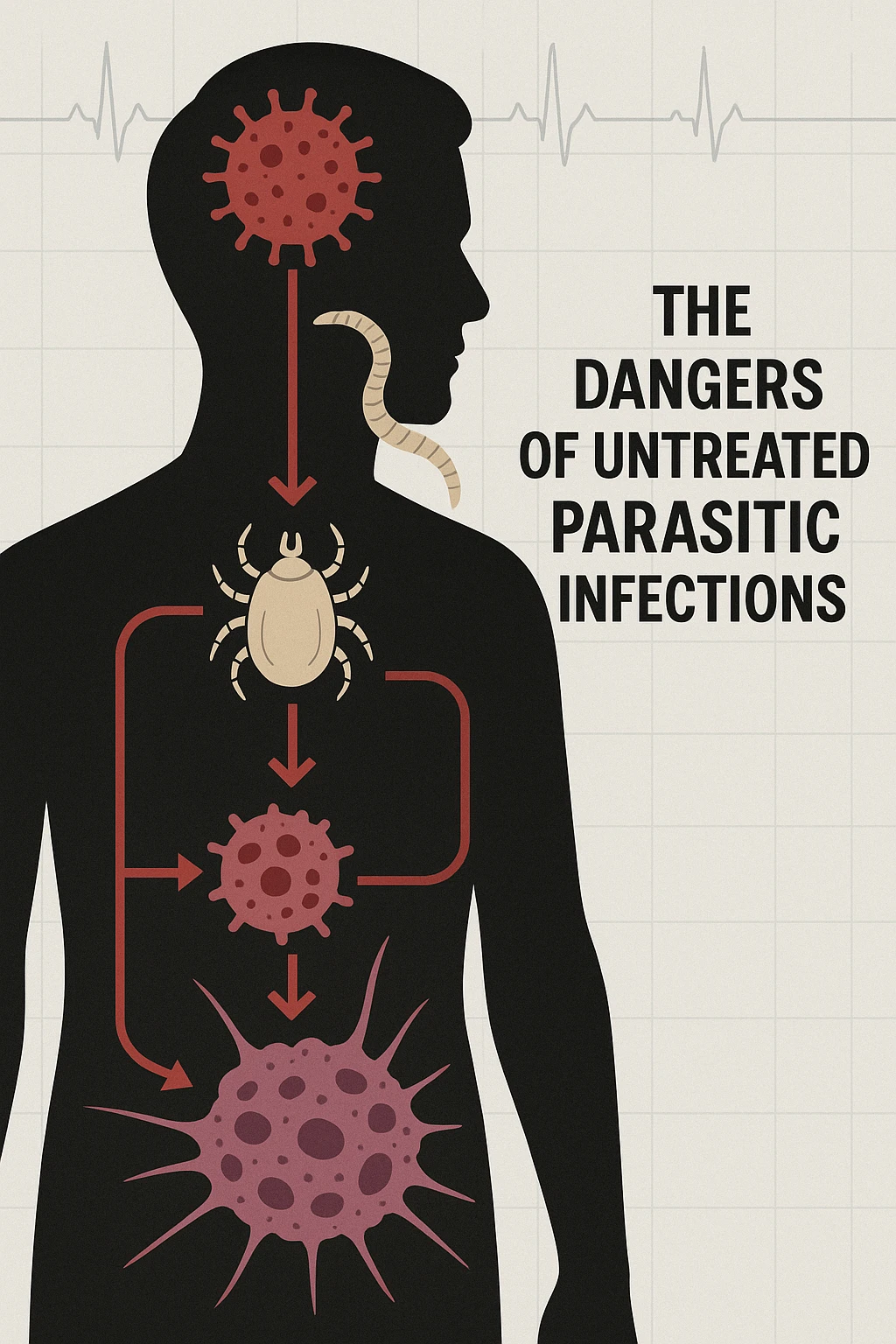 a man’s silhouette is filled with stylized images of parasites and tumor cells, connected by red lines or arrows to show cause and effect. The background features a medical chart or infographic about the dangers of untreated parasitic infections. The overall tone is serious and educational. scritto in italiano emoji