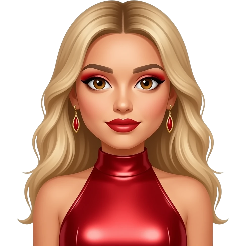 Lele Pons with brown eyes, long blonde hair, red eyeshadow and lipstick, red metallic high neck dress, earrings emoji