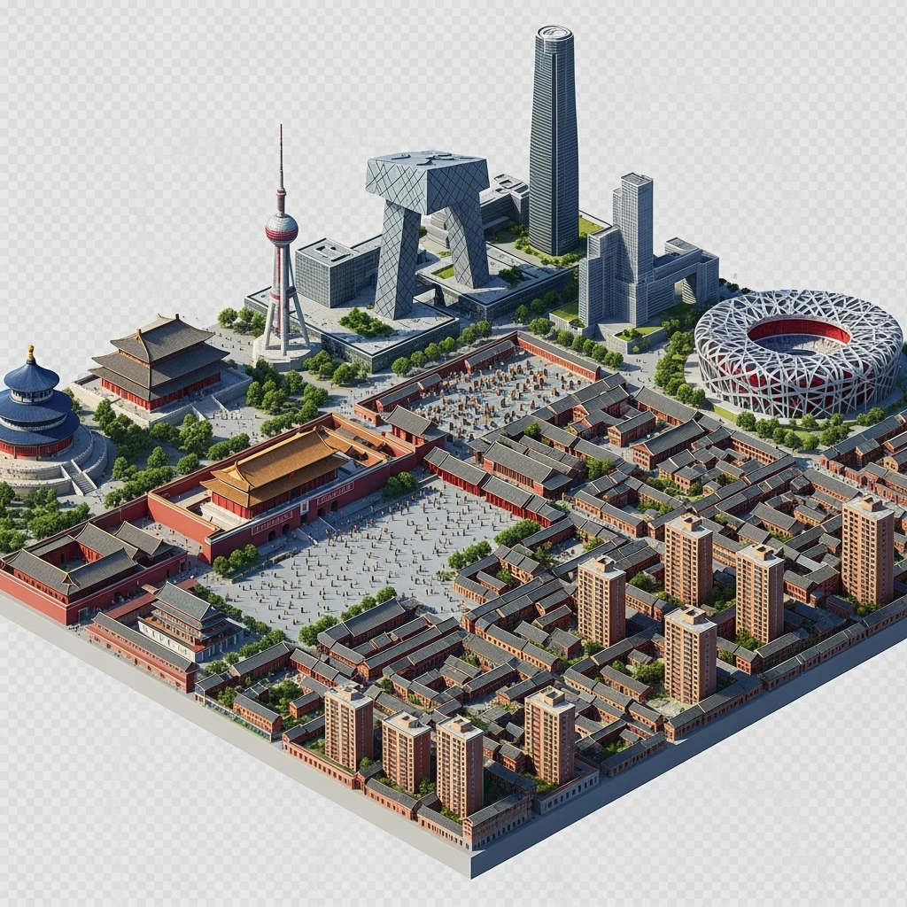 Isometric miniature of Beijing Forbidden City, Tiananmen Square, CCTV Headquarters, Temple of Heaven, Bird’s Nest Stadium and crowded hutong alleys, sprawling apartment blocks, 3D miniature effect and Tilt Shift effect, no cartoonish look, transparent background. emoji