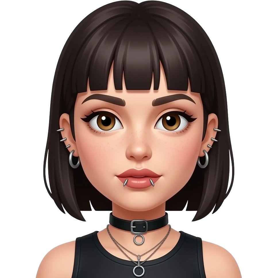white woman with big lips, lots of piercings, and fake eyebrows.  Shorter hair and not so pretty  Make the hair shorter and dark emoji
