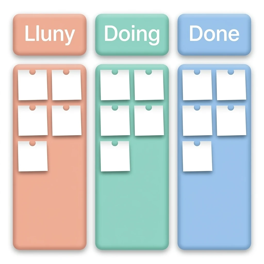 Kanban board with the columns: Do, Doing and Done. Each column has different pastel colors and white post-its on them. emoji