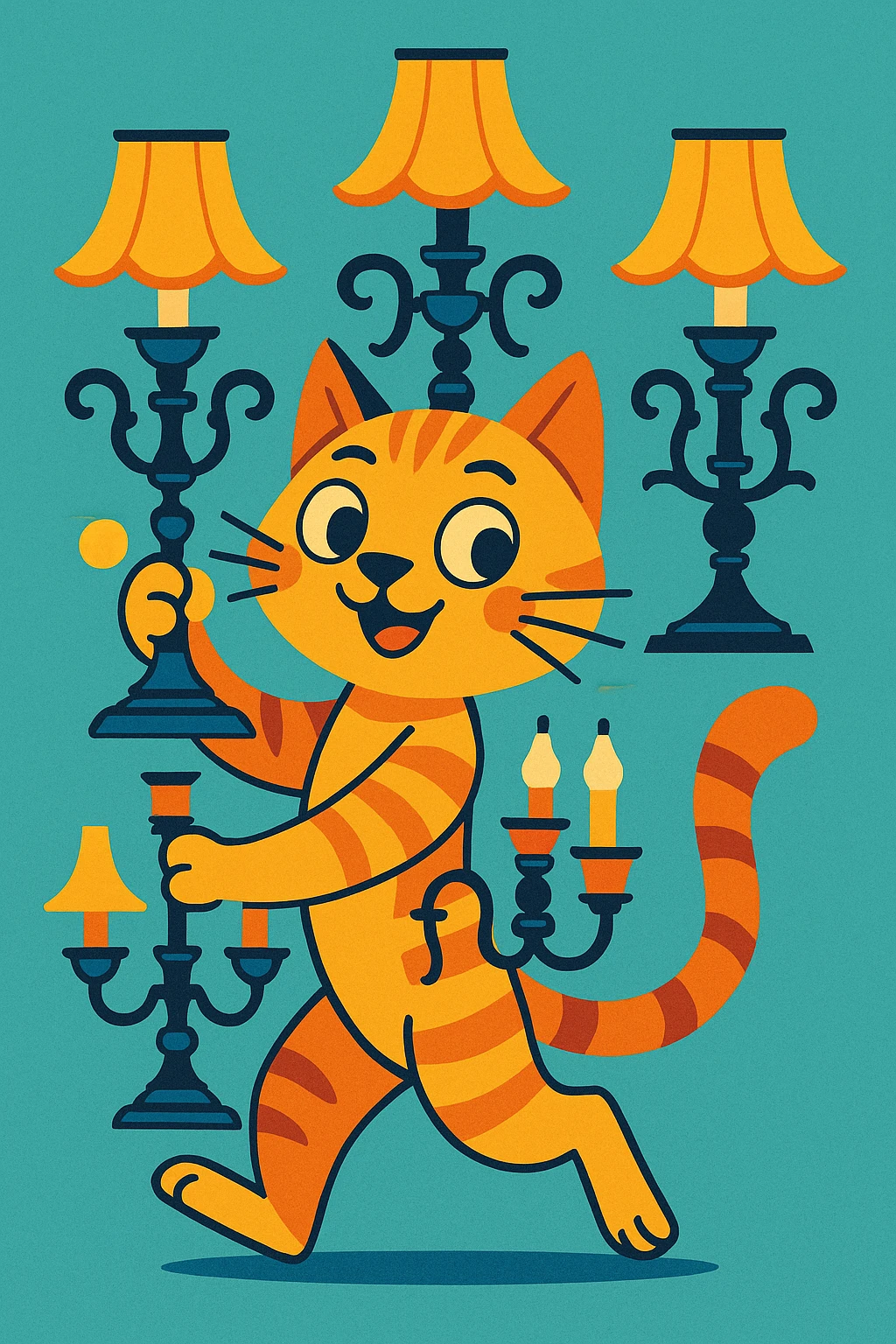 stylized cat carrying three elegant lamps, each lamp features three arms, charming and expressive emoji