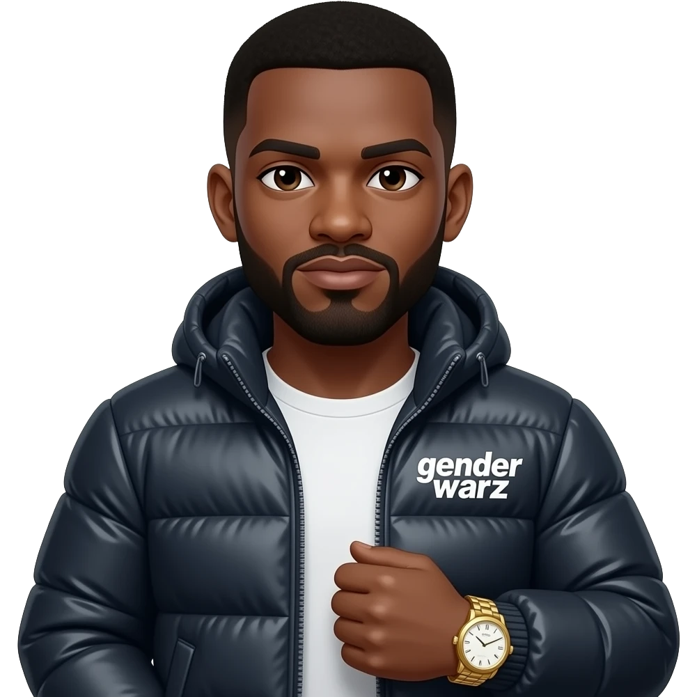 Black guy named Stackpack puffy jacket that says gender warz on it. Gold watch emoji
