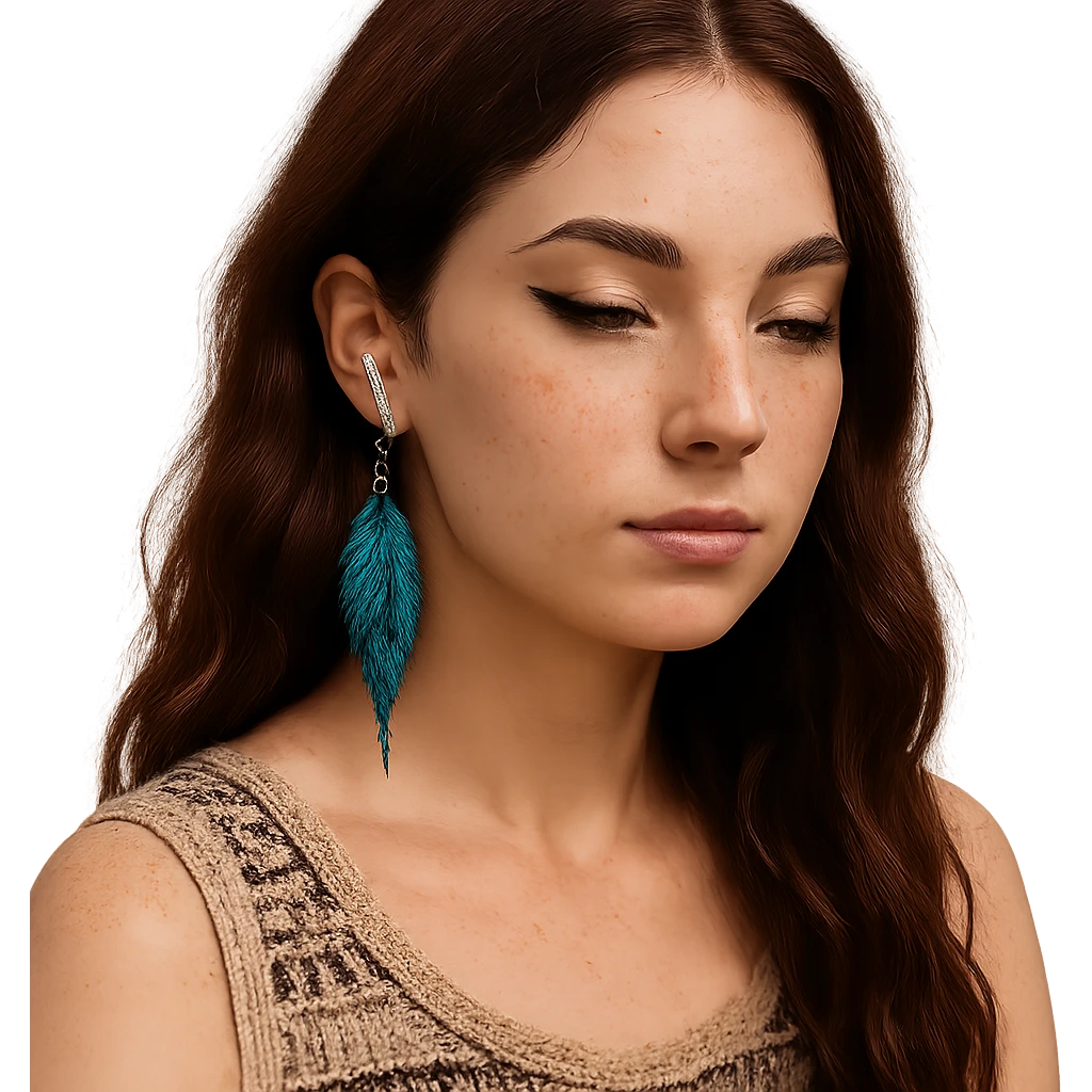 A young woman with fair skin, freckles, oval face, defined cheekbones, soft jawline, meditative expression. Hazelnut brown almond eyes with bold eyeliner, thick arched brows. Long, wavy, deep dark red hair, two loose strands in front. AirPods visible, boho woven top in natural colors. Blue feather earring in one ear, nose piercing on right. Calm, creative, bohemian, modern. emoji