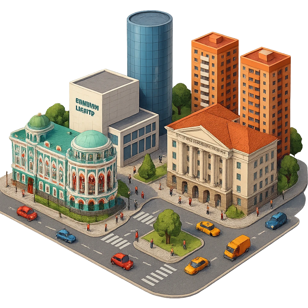 Изометричная миниатюрная фотореалистичная 3D модель Екатеринбурга - Дом Севастьянова, Ельцин-центр, Уральский федеральный университет, дома, четкая детализация, яркие цвета, мультяшный реализм, люди, автотранспорт, компактная композиция, вид сверху в изометрии, прозрачный фон emoji