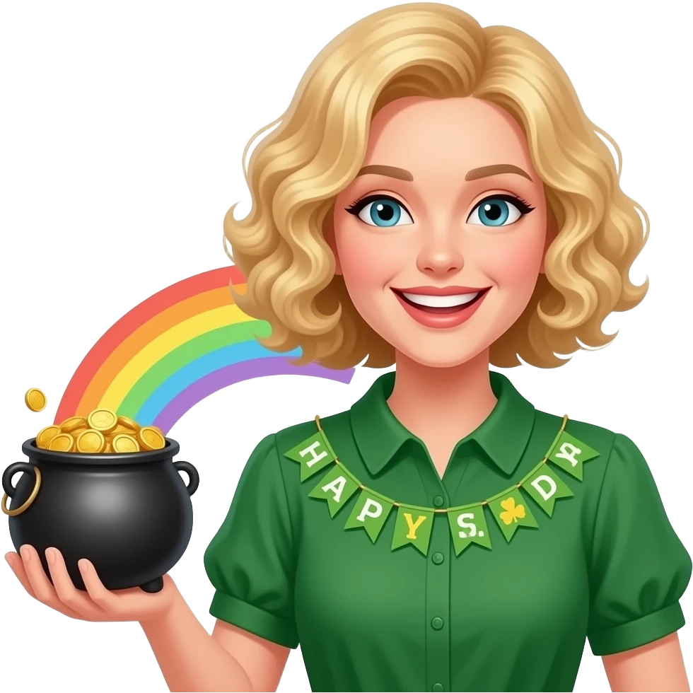 blonde tight curly hair in a short bob with Happy St. Patrick's day banner in a green blouse with rainbow and a pot of gold emoji