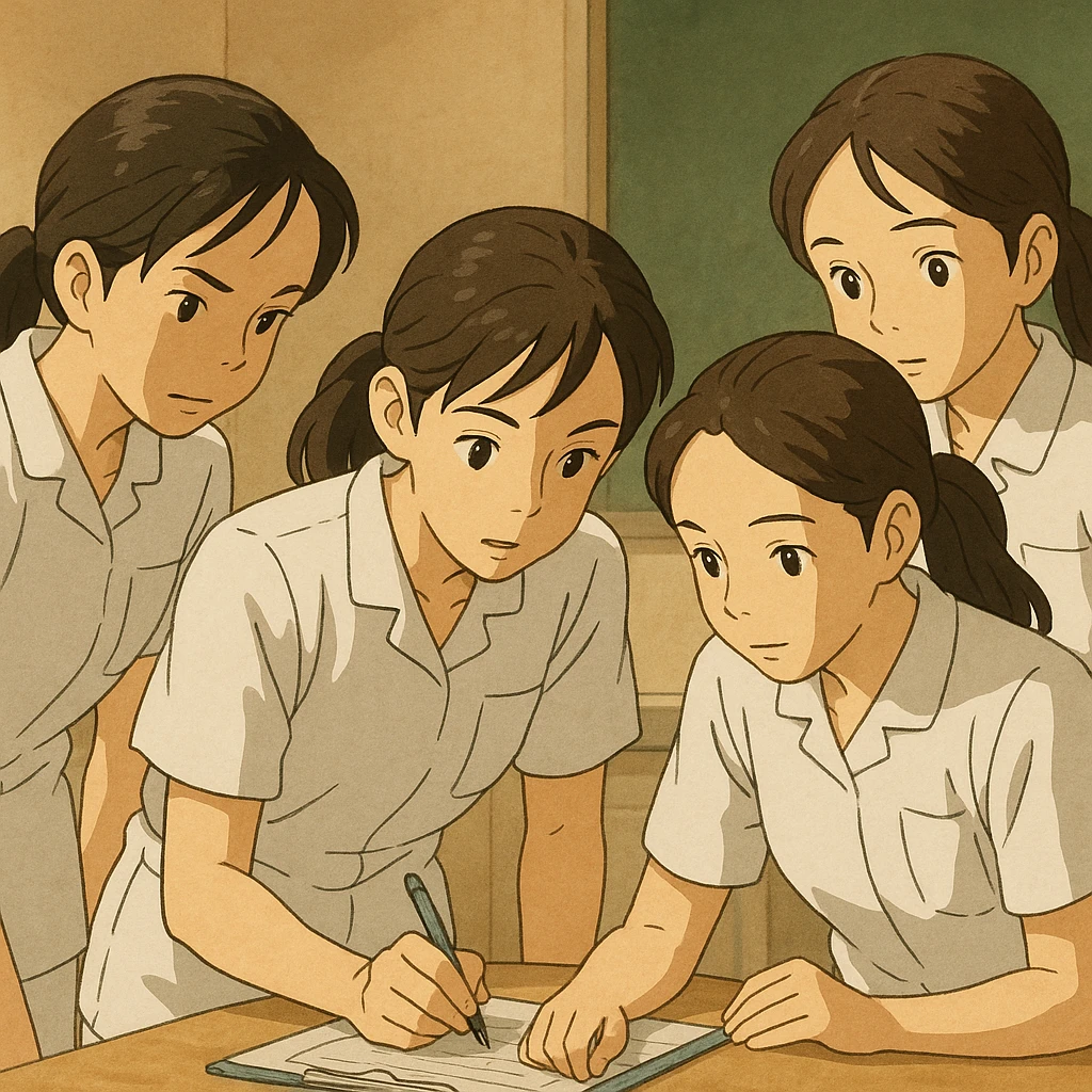 Group of four nursing students in white short-sleeve medical uniforms with V-neck, no collar, no buttons, left chest pocket, bare arms, long hair tied back, visibly collaborating, based on photo references, in Ghibli style. emoji
