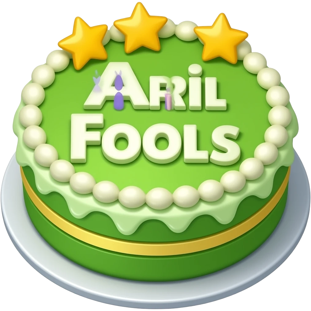 A green cake with letters that say happy April fools day! emoji