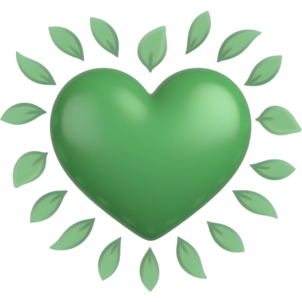 3D green heart surrounded with leaves (The Green Party style leaves), Hex Code colour: 00643b. Add a paler green reflection to the corner of the heart. emoji