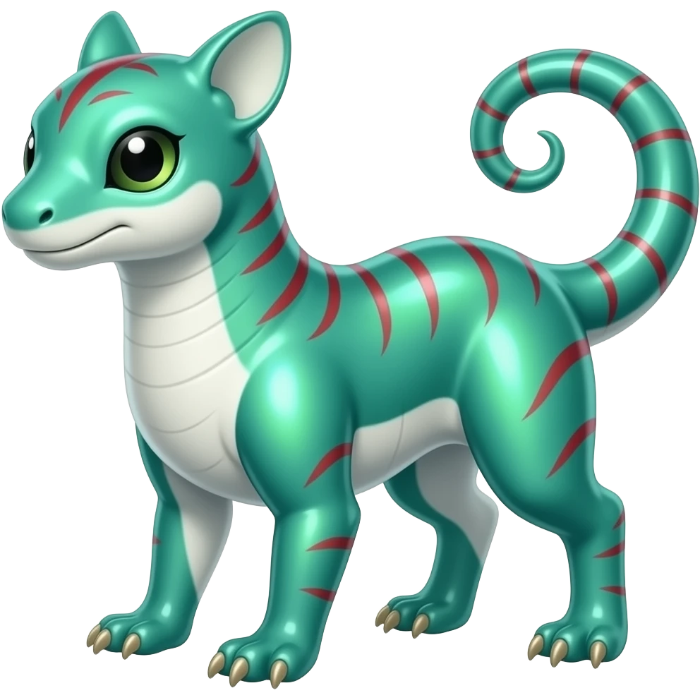 Shiny iridescent glossy oily smooth silky soft White with green-teal-turquoise-gradient with red streak markings and white belly and white points beautiful handsome gorgeous aesthetic colorful vibrant Vernid-Trico-species-Fakemon-creature by LiLaiRa, 4 legs, 1 tail, random markings, (full body) emoji