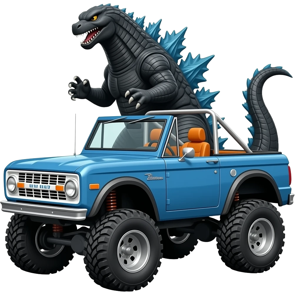 Godzilla behind 1967 ford bronco with two tone paint: blue on hood, blue with white stripe on sides, and orange interior. Convertible with no top but with full roll cage. Exaggerated lift and oversized 4x4 tires. emoji