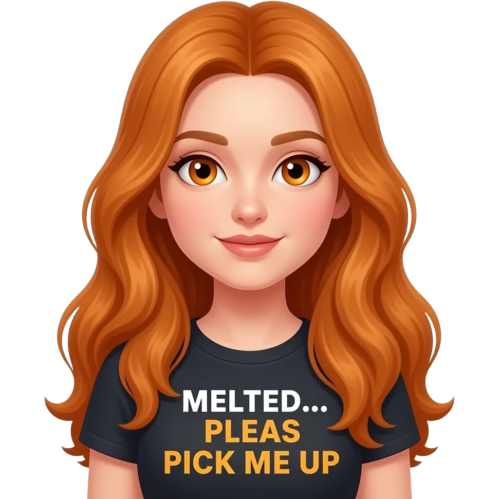 sexy girl with overlong ginger hair and ginger eyes a top with MELTED... PLEAS PICK ME UP written on it emoji