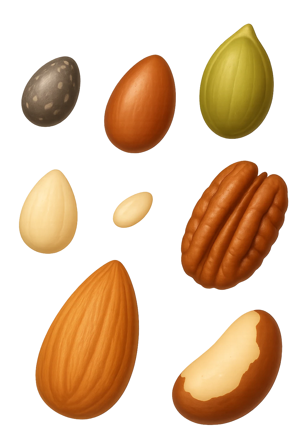 emoji stile iphone 3d di questi elementi che fluttuano in aria:

Semi di chia, lino, zucca, sesamo
Mandorle, noci pecan, noci brasiliane (porzioni limitate)

 che fluttuano sparse casualmente in aria, iperealistico 4k emoji