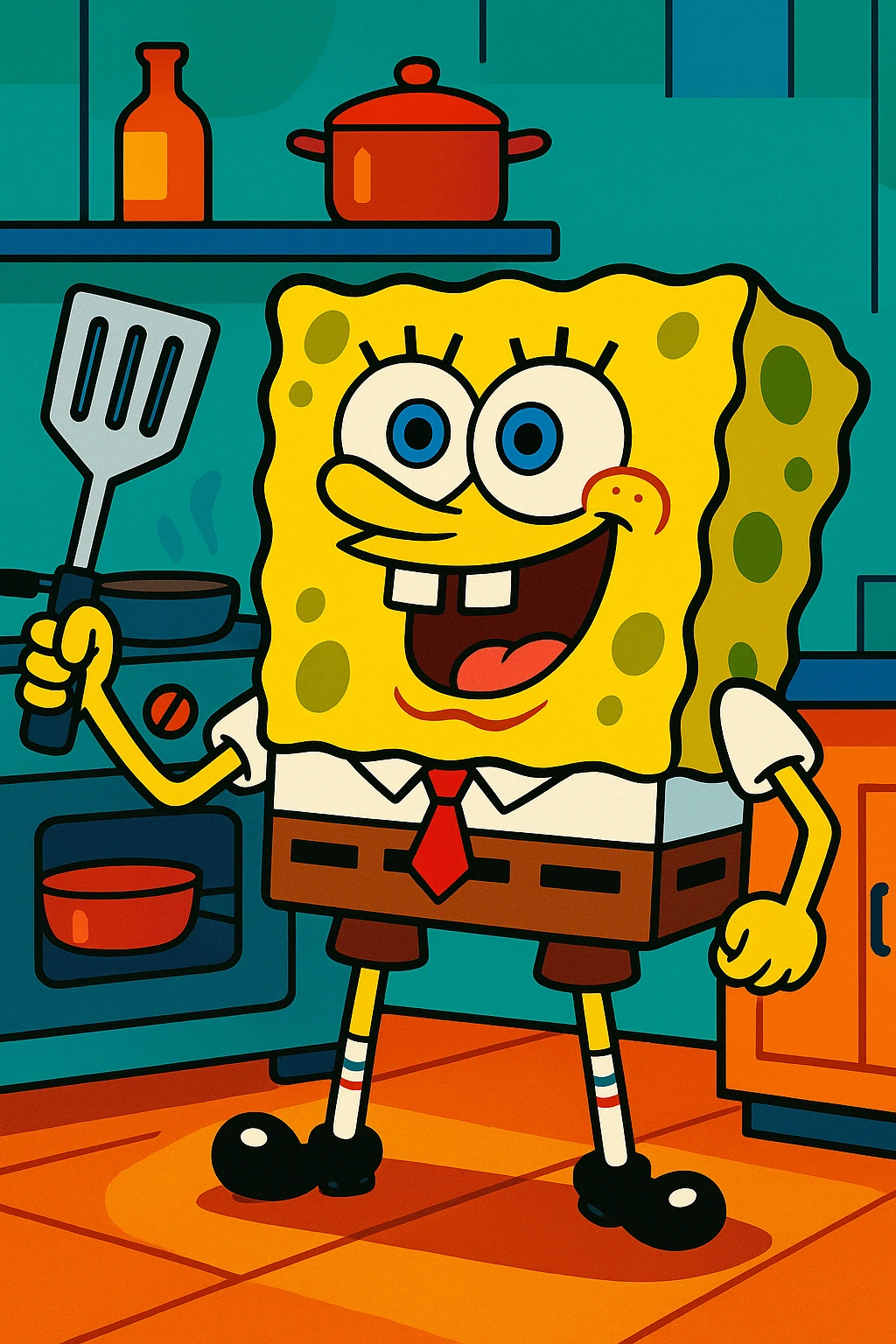 SpongeBob SquarePants, holding a spatula, ready to cook, yellow sponge, cartoon, white shirt, brown pants, kitchen background emoji