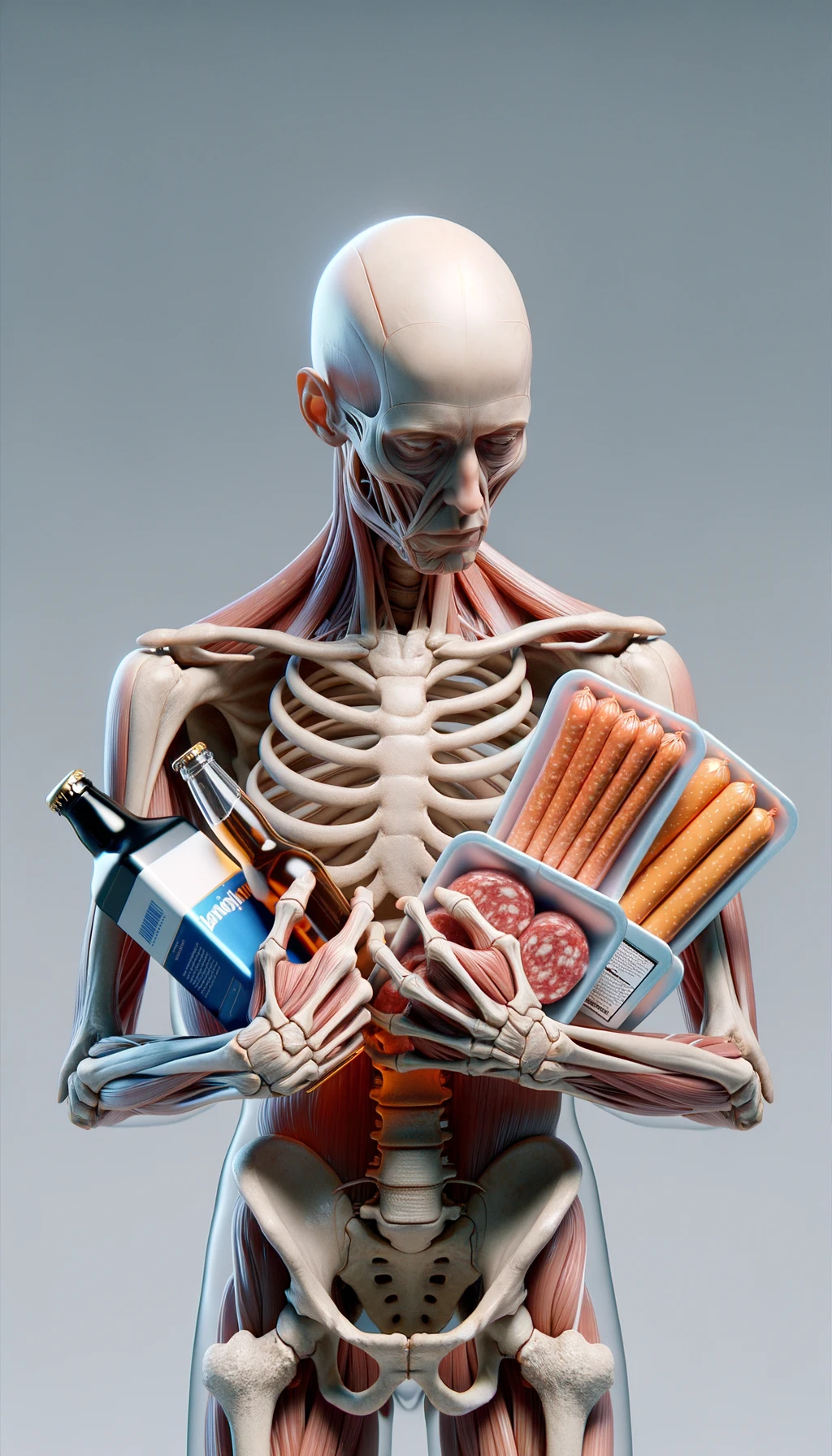 CORPO UMANO ANATOMICO CHE TRA LE BRACCIA SIGARETTE, ALCOL E WURSTEL CONFEZIONATI, LI GUARDA CON ESPRESSIONE INDECISA IN VOLTO, NEUTRAL CLEAR BACKGROUND, iperrealistico 4k emoji