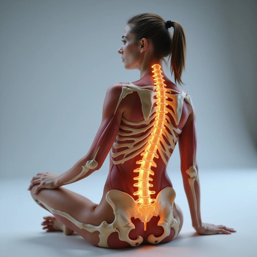 hyperrealistic 4K anatomical view of a seated woman, highlighting the sciatic nerve: sciatic nerve visible from lumbar area to leg, muscles and bones visible, neutral background emoji