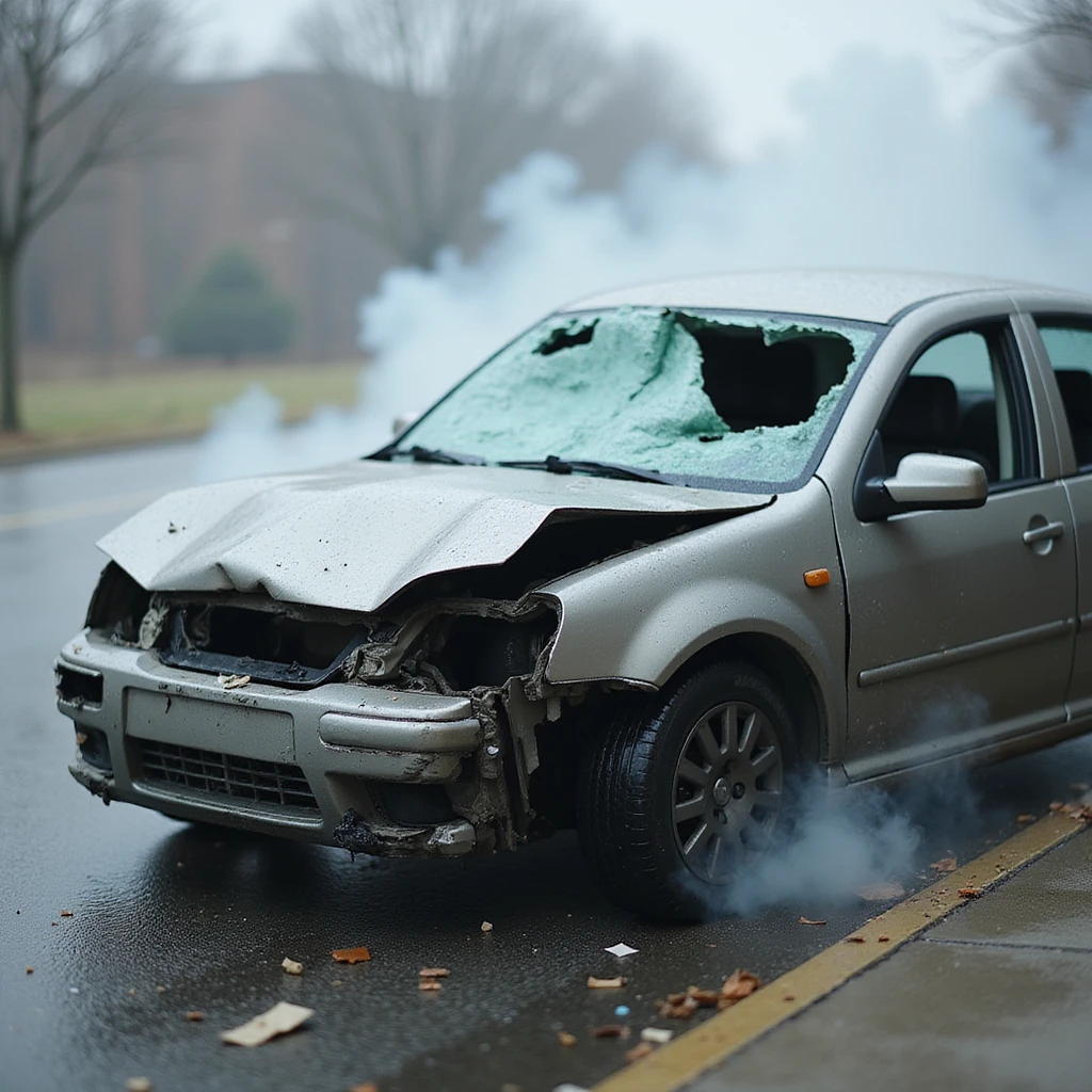 a badly damaged car, crumpled and dented, broken windows, smoke rising, realistic details emoji