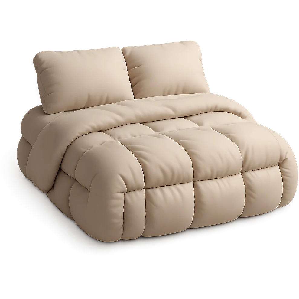 cushion style bed with puffy pillows and blanket, cozy and inviting emoji