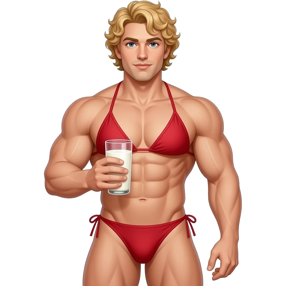 Muscle man with blonde curly hair in candy apple red colored bikini top and thong bottom holding a glass of milk emoji