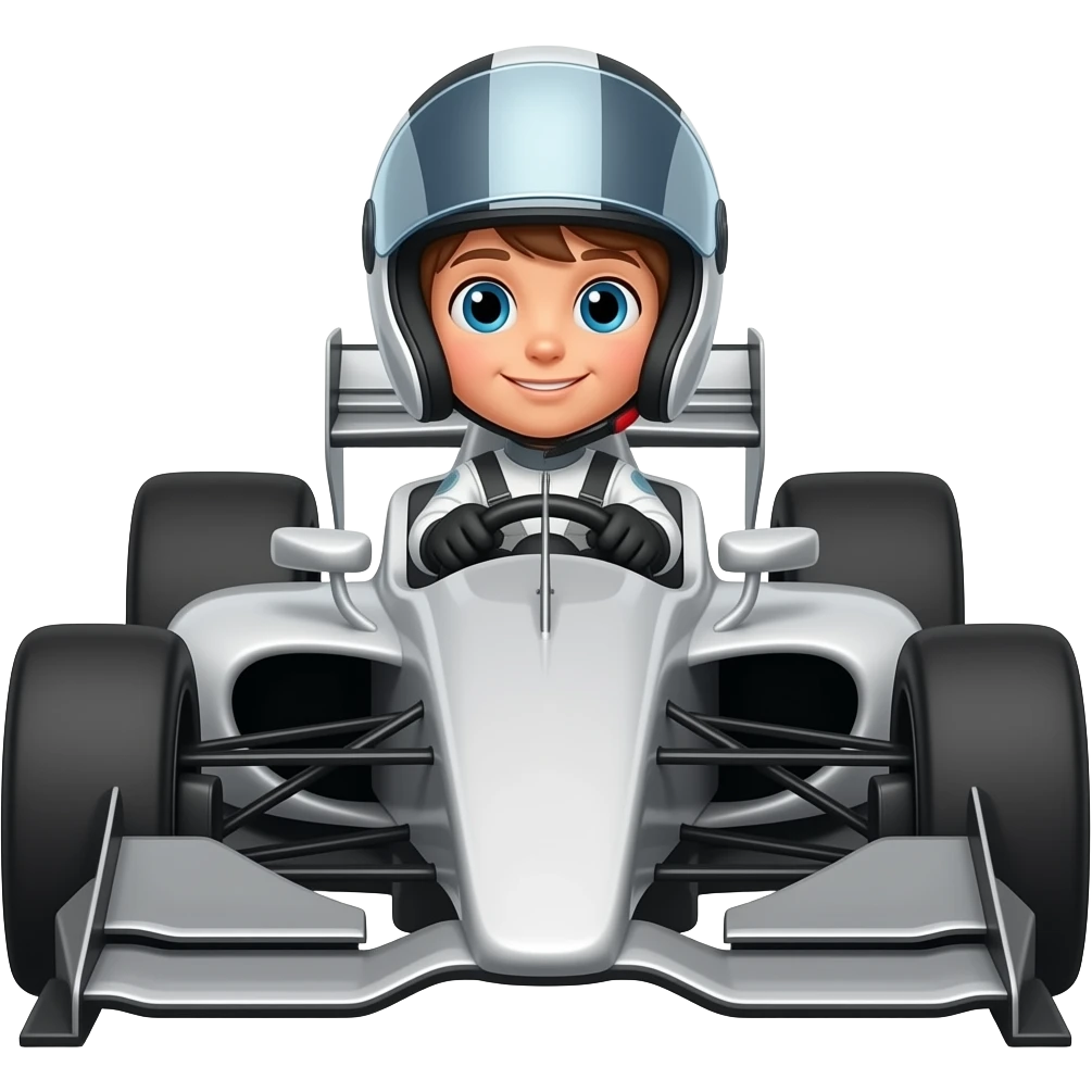 A kid wearing a helmet driving a indycar emoji