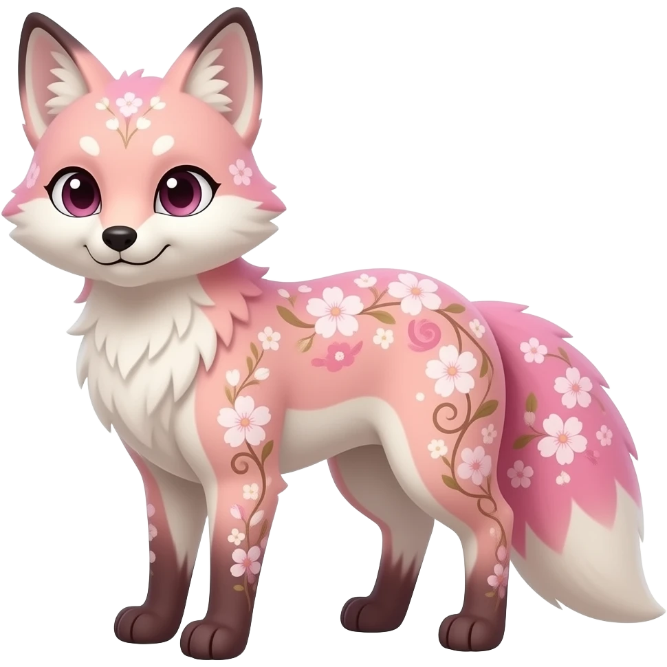 Anthropomorphic digitigrade Pastel beige and pastel Sakura-pink fox furry-Falvie-Fionbri-fursona with floral swirly markings and white spot markings, 2 legs, modern, sophisticated emoji