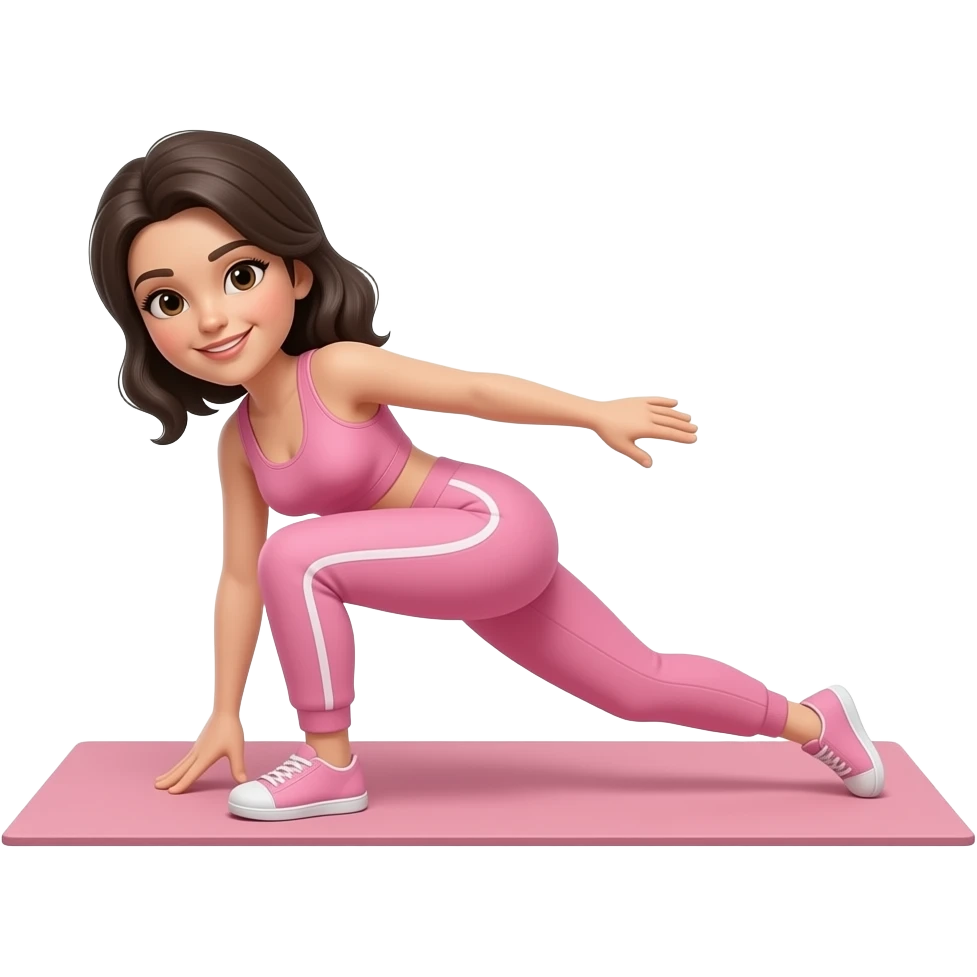 девушка с темными волосами в розовом спортивном костюме занимается спортом на коврике для йоги emoji
