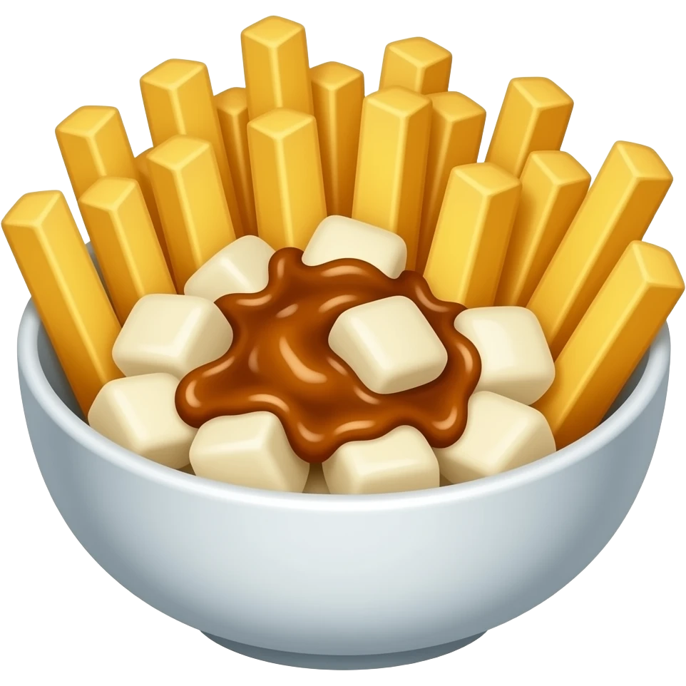 French fries in a bowl mixed with white cheese curds with brown sauce emoji