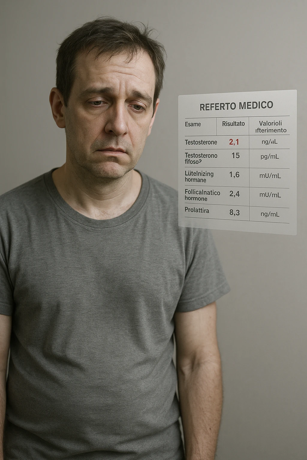 Un uomo caucasico di 35-45 anni, in CGI fotorealistico, che mostra i segni fisici ed emotivi di un basso livello di testosterone. aggiungere un referto medico semi-trasparente fluttuante accanto a lui, con valori di testosterone evidenziati in rosso. in italiano emoji