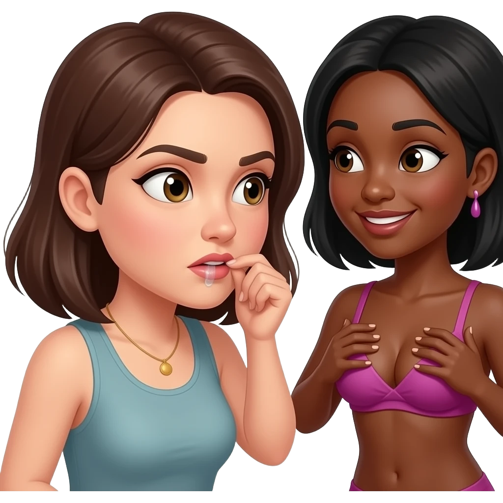A woman stares intently thirsty at a black womans breasts with a michevious smile on their face emoji