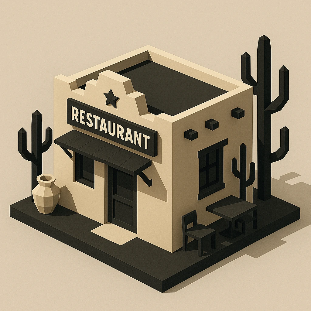 isometric exterior of a southwestern restaurant, black, beige, and white color palette, dollhouse style, low-poly polygonal 3D look emoji