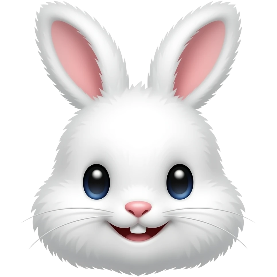 Cute lovely white rabbit emoji, soft fluffy texture, round face, gentle smile, pastel aesthetic, glossy 3D style, clean edges, centered, transparent background, sticker style emoji
