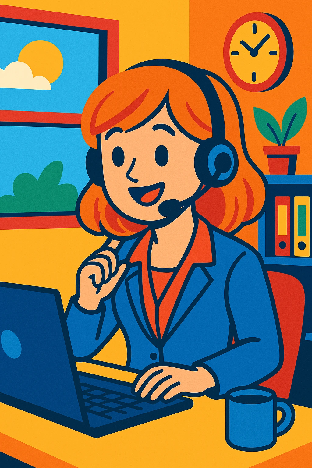 office girl with a headset, answering calls, vibrant toon style emoji