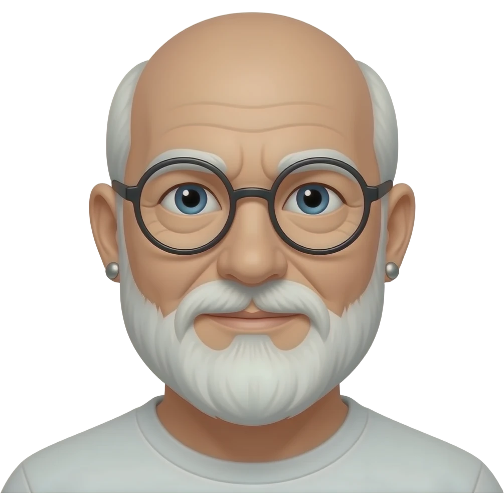 58 years old, white, no hair at all, white beard and round glasses, 2 earrings emoji