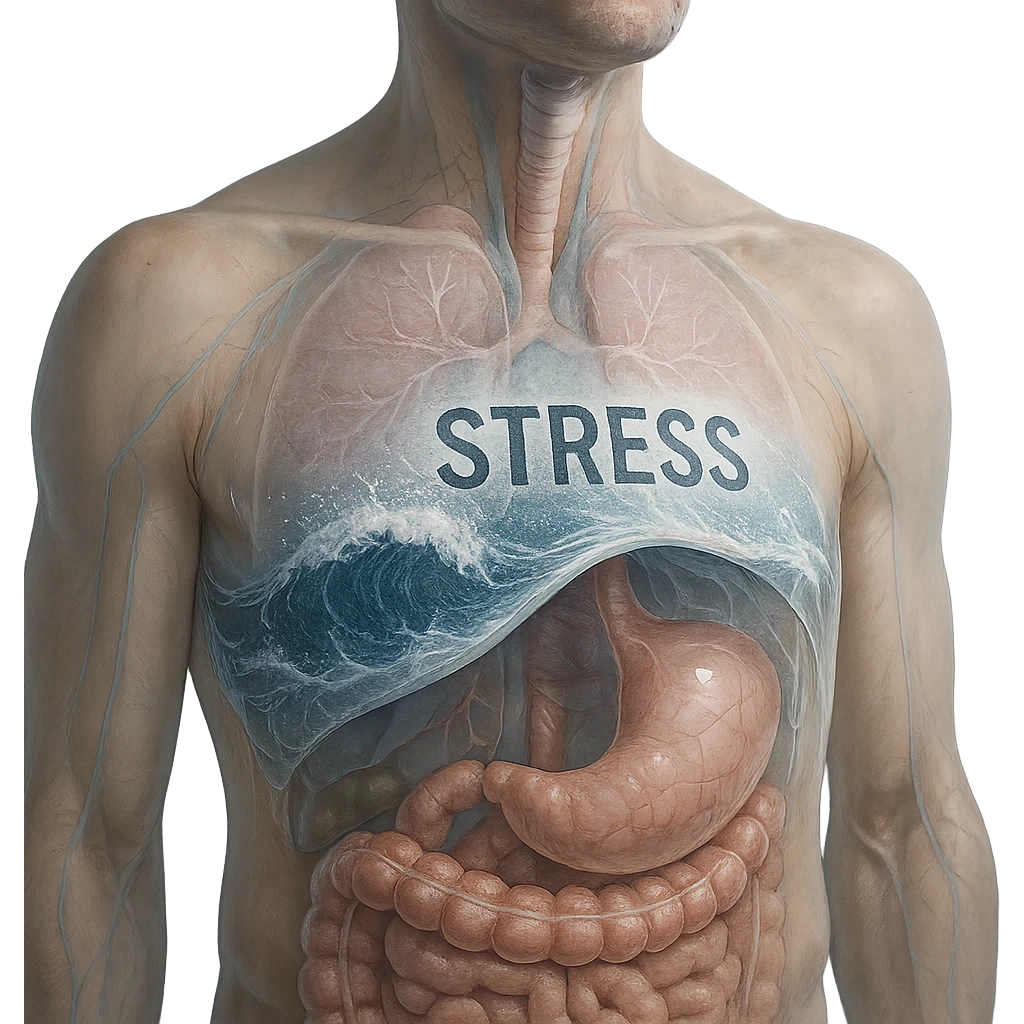 hyper realistic image of diaphragm acting as a barrier against stress, anatomical details, stress waves crashing on diaphragm, transparency effect showing inside, clinical environment, cool tones emoji
