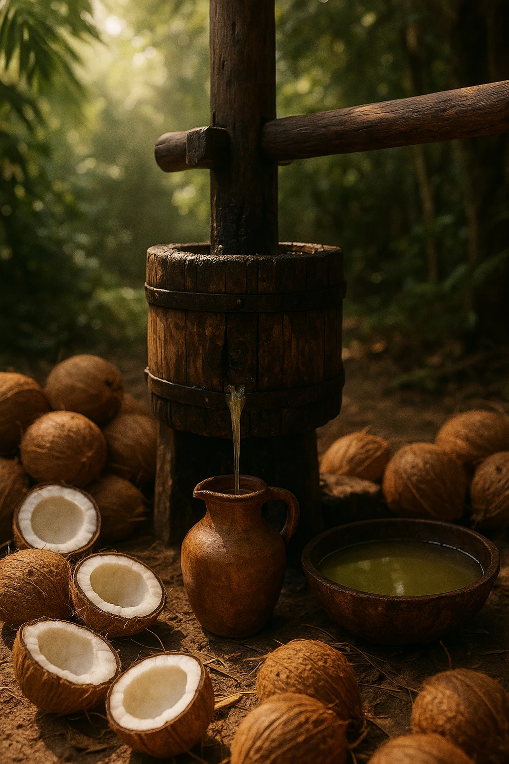 realistic and cinematic vertical illustration of coconut oil pressing for organic production, showing coconuts, pressing and oil collection, natural atmosphere, no text, 2:3 aspect ratio. emoji