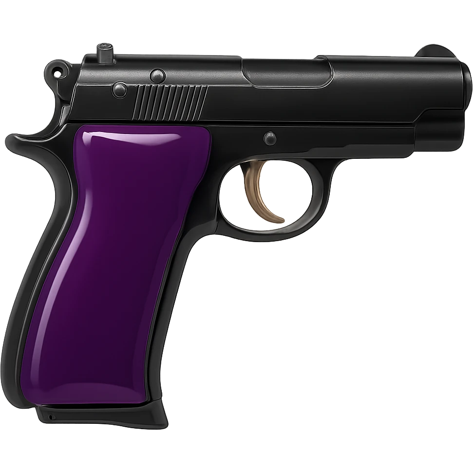 Remove the heart shape and motifs from the photorealistic purple pistol, making it a standard realistic pistol with a glossy finish on a white background. Maintain photorealistic style with a glossy finish and clean white background. emoji