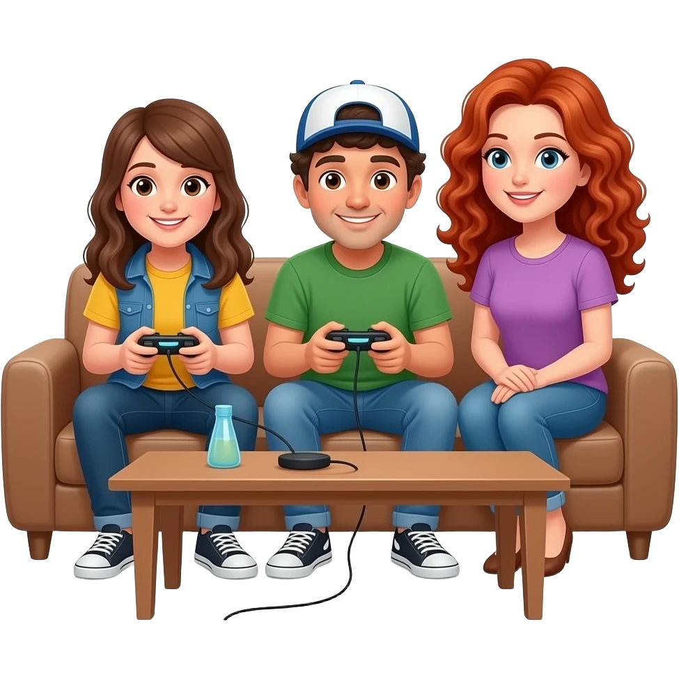 Two teenagers playing video games. One with long hair, the other wearing a cap. Their dad has curly dark hair, and their mom has very long, curly red hair, watching them play. emoji