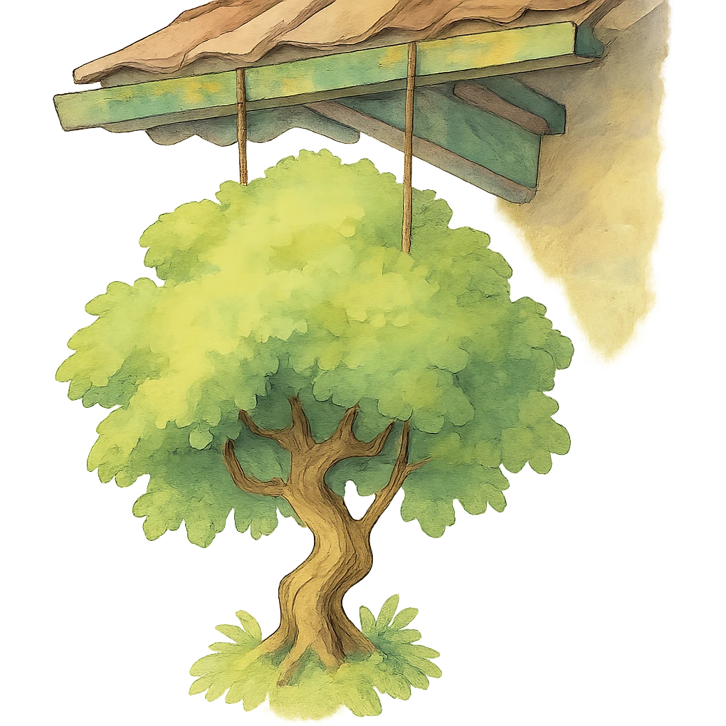 ghibli style illustration of a tree hanging from a roof, soft colors, whimsical emoji