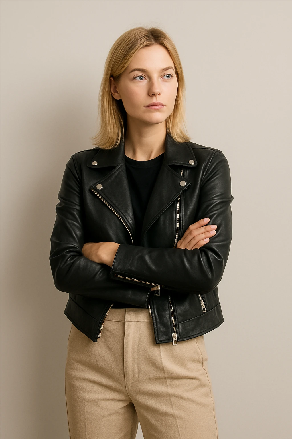 a blonde lady standing with arms crossed, waiting, modern look emoji