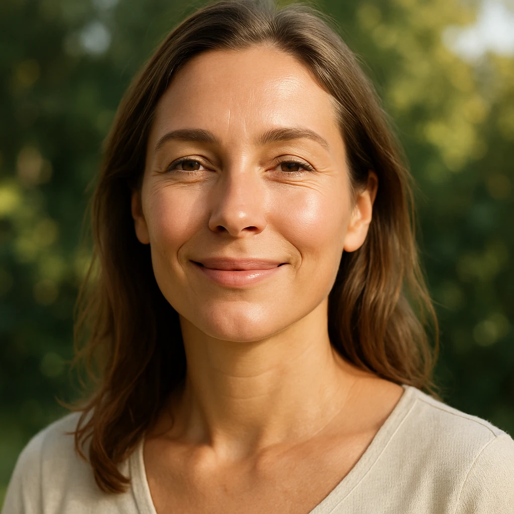 woman with excellent hormonal balance, hyper realistic style, healthy and radiant appearance, serene expression, realistic details, positive atmosphere emoji