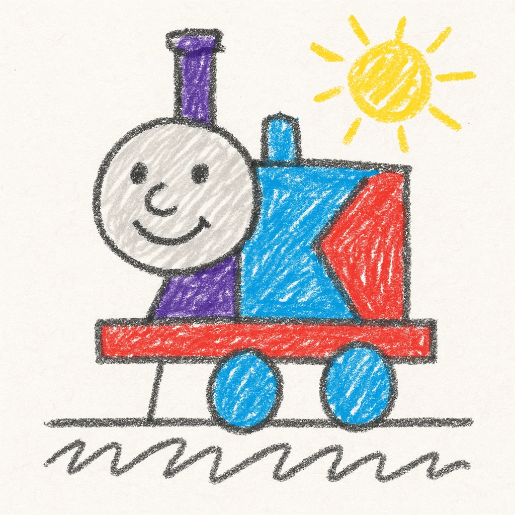 Thomas the Tank Engine, vintage storybook style, hand-drawn, soft lines, gentle colors emoji