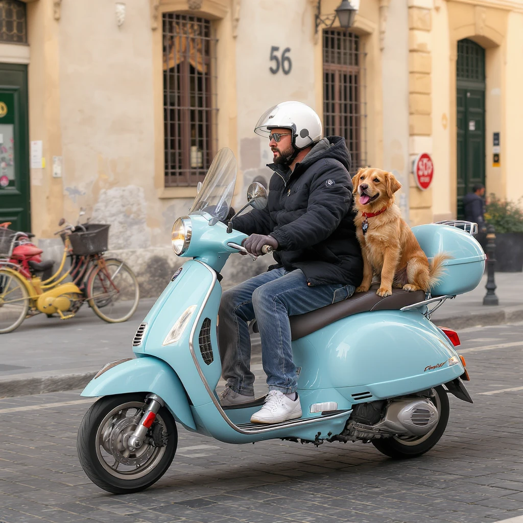 man and his pet dog riding a vespa emoji