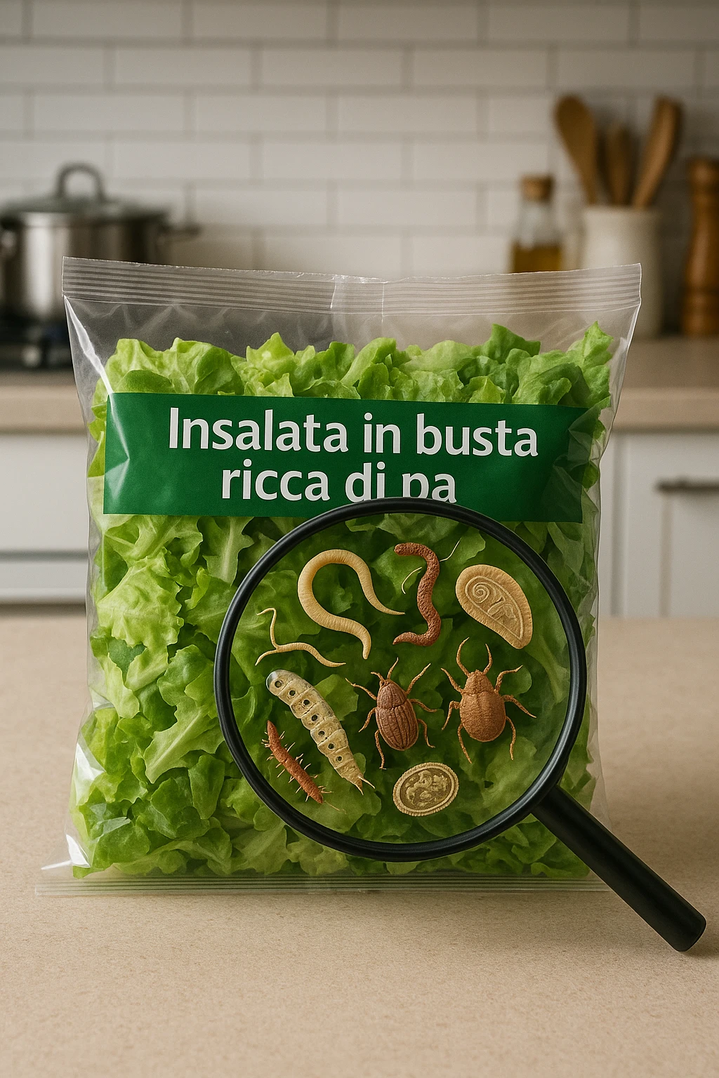 Insalata in busta ricca di pa transparent plastic bag of pre-washed salad sits on a kitchen counter. Through the bag, small, detailed images of various parasites (such as worms, larvae, or microscopic bugs) are visible among the lettuce leaves. A magnifying glass hovers over the bag, enlarging the parasites for emphasis. The mood is cautionary and educational.arassiti emoji