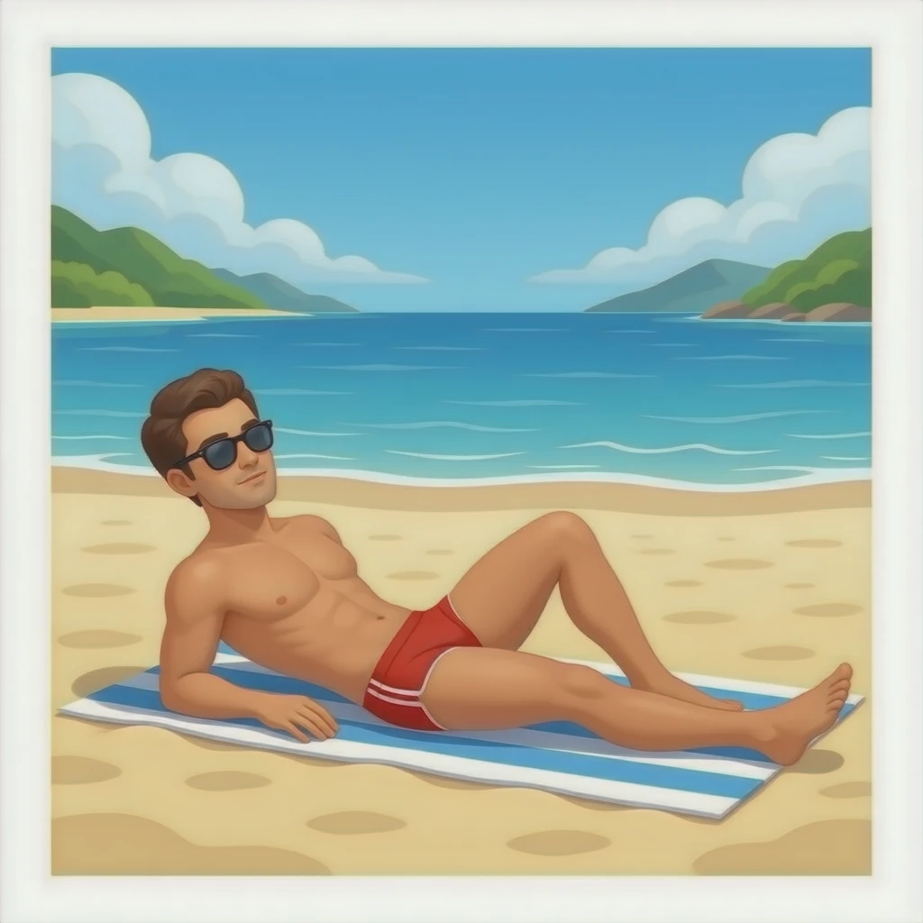 Erstelle ein Bild von einem Strand, mit im Bild ist ein Mann zusehen der sich im liegen sonnt, er trägt rote enge speedo und Oberkörper frei und trägt eine Sonnenbrille emoji