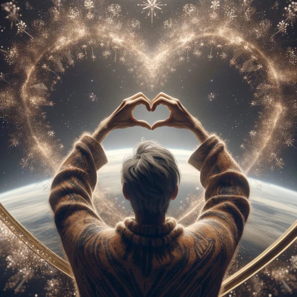DONNA DI SPALLE CHE SI GUARDA ALLO SPECCHIO CREANDO UN CUORE CON LE MANI, iperrealistico 4k emoji