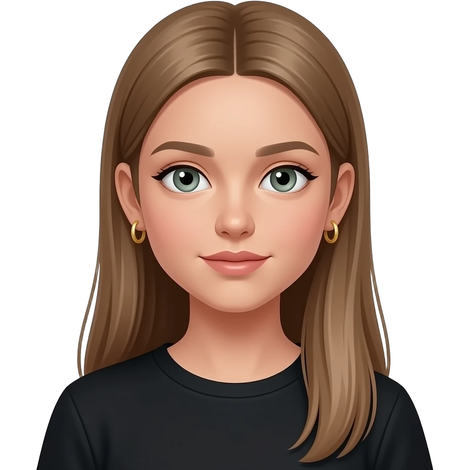 17 year old girl with very long very straight light brown hair, grey-green eyes, tan skin, two sets of small gold hoop earrings on each ear wearing a black top emoji