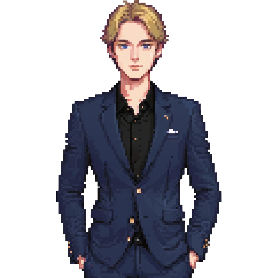 Flat pixel art, focused and reserved male thinker, fair skin, short sleek sandy hair, intense sharp eyes, wearing a deep indigo suit jacket over a black shirt, left hand thoughtfully touching chin, waist-up, front-facing emoji