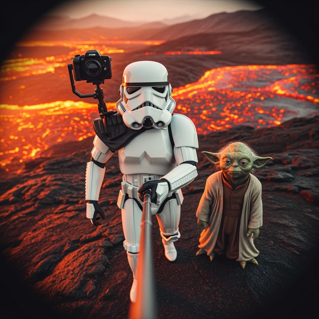 Camera POV, Starwars stormtroopers vlogging selfie, he is walking on lava planet with yoda emoji