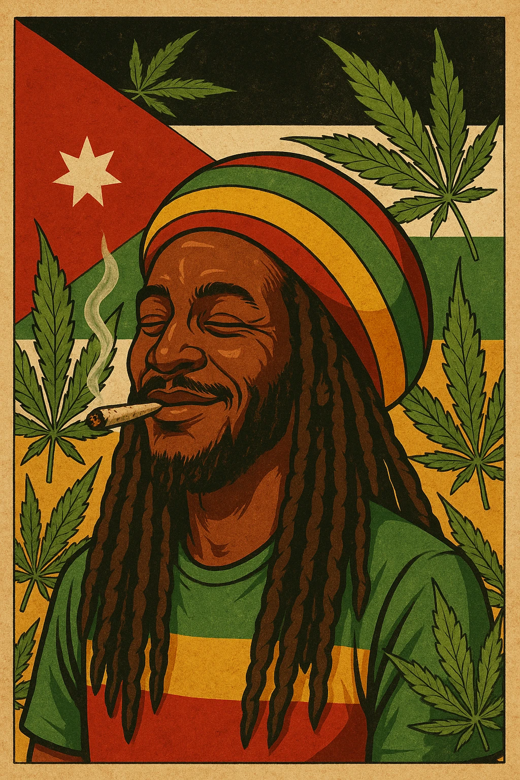 A digital vintage-style poster illustration of a Jordanian Rasta man with dreadlocks, wearing a red, yellow, green striped tam hat. He is smiling peacefully with a lit herbal spliff in his mouth. The background features the official Jordan flag — black, white, green horizontal stripes with a red triangle and a white 7-point star — accurately displayed behind him. Cannabis leaves are tastefully arranged around the composition, and the poster includes Rasta color textures blended with the Jordanian palette. Use a retro poster style with warm, slightly aged textures, bold outlines, and soft shading to evoke a soulful reggae vibe that honors both Jordanian pride and Rasta spirit. The mood is chill, powerful, and respectful emoji