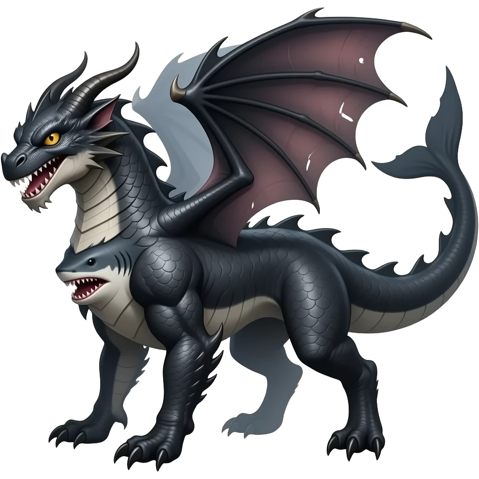 4-legged gothic ruff rough digitigrade dark badass edgy dragon-carvanha-sharpedo-Shark-Night-Fury-orca-hybrid-fusion-creature, with a long shark tail behind, full body emoji